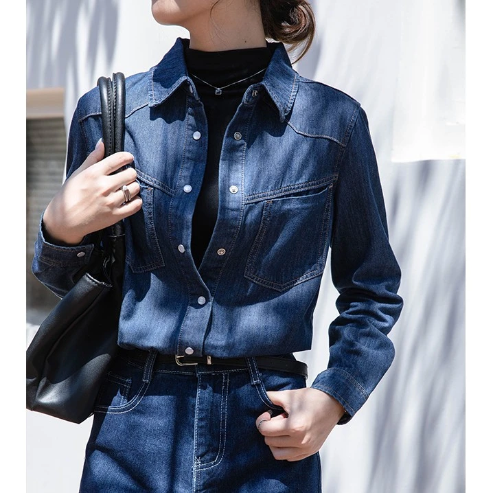不卷边牛仔衬衣女休闲百搭设计感上衣内搭叠穿蓝色衬衫宽松外套