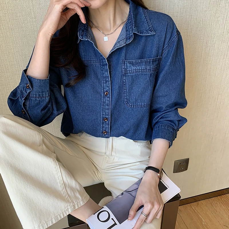 叠穿蓝色牛仔衬衫春秋宽松内搭女装2022年新款设计感小众长袖上衣