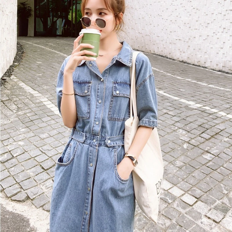 19012显瘦牛仔连衣裙收腰气质女装短袖洋气时尚休闲减龄中长裙子