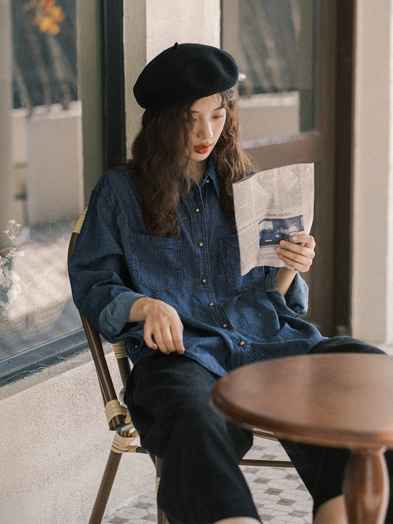 复古牛仔衬衫女春秋季长袖韩版百搭设计感小众休闲衬衣宽松外套