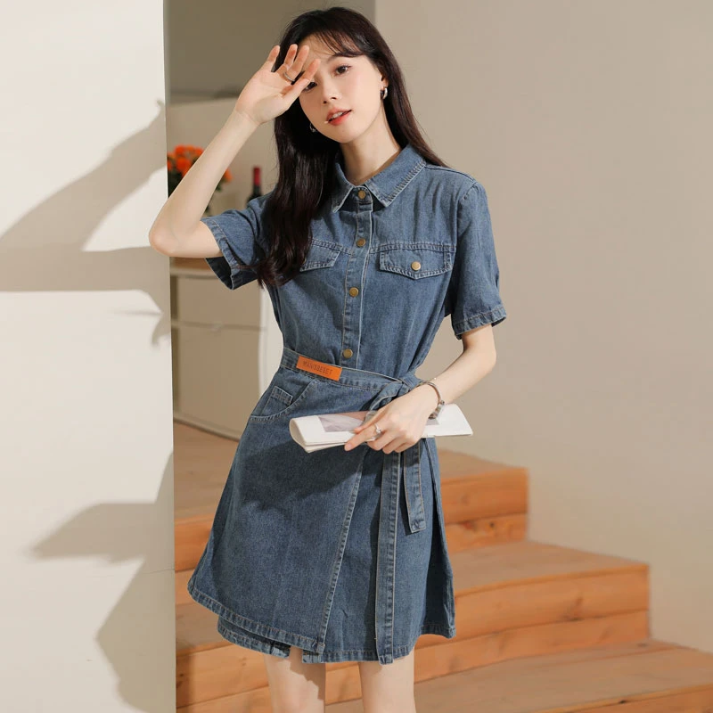19015牛仔连衣裙女夏季新款法式高端洋气独特别致显瘦系带A字裙子