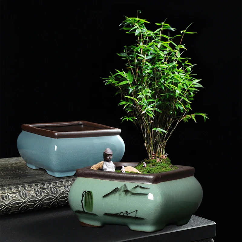 中式手绘花面室内盆景栽盆哥窑盆四方小花盆紫砂胎盆景盆陶瓷花盆