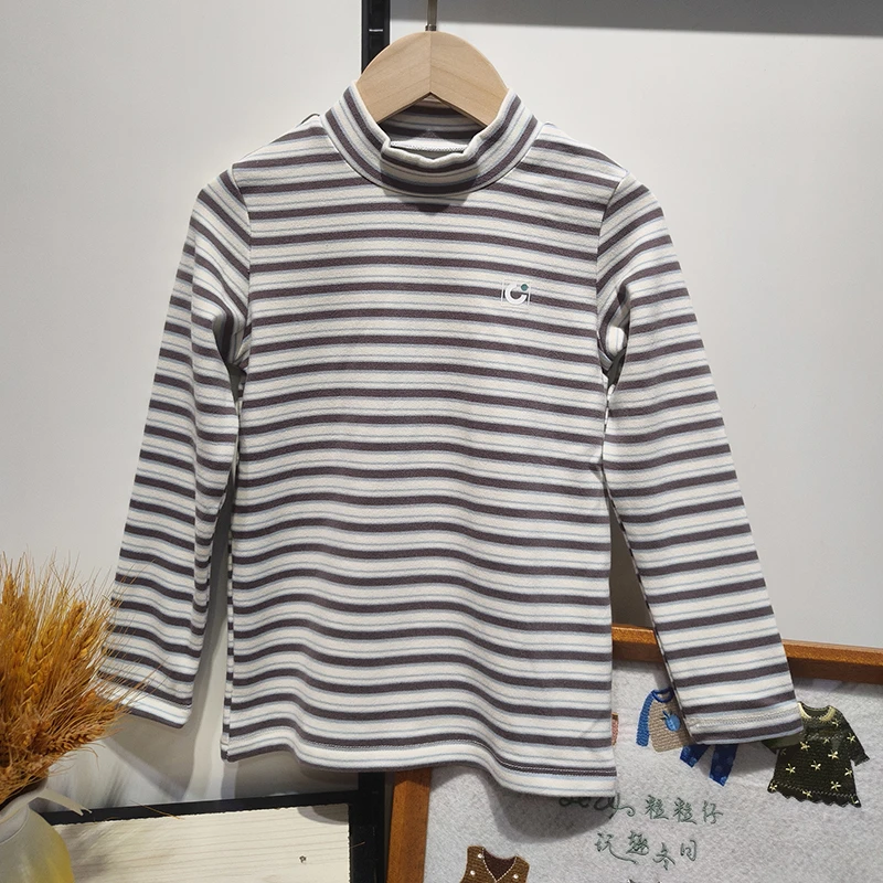 粒粒仔2024秋冬儿童条纹男女长袖T恤半高领保暖舒适打底衫单上衣