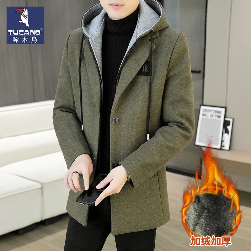 秋冬季中长款毛呢大衣男士潮流加绒加厚连帽呢子风衣冬装保暖外套