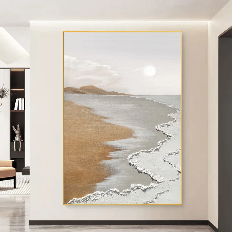 N20油画日出海滩玄关挂画奶油风艺术轻奢客厅沙发背景装饰画餐厅