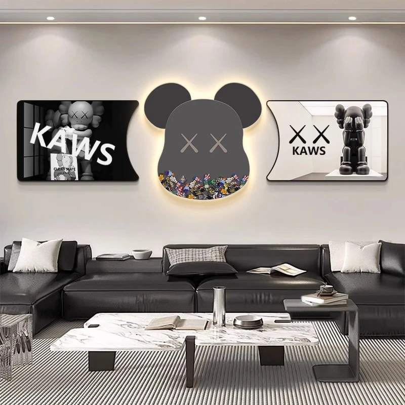 暴力熊客厅装饰画轻奢三联画Kaws现代简约沙发背景挂画亚光纸晶瓷