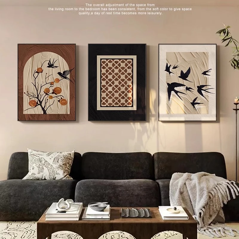 法式复古客厅装饰画新中式柿柿如意挂画铝合金框油画布晶瓷画