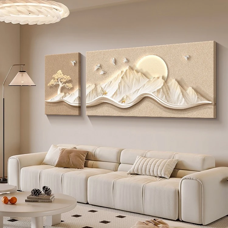 现代简约客厅装饰画铝合金框砂岩布浮雕画两幅挂画沙发背景墙晶瓷