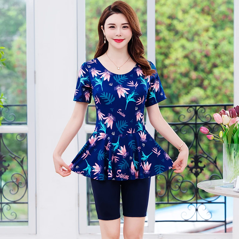 泳衣女成人保守连体裙式五分裤老人妈妈50-60岁胖mm中老年温泉装