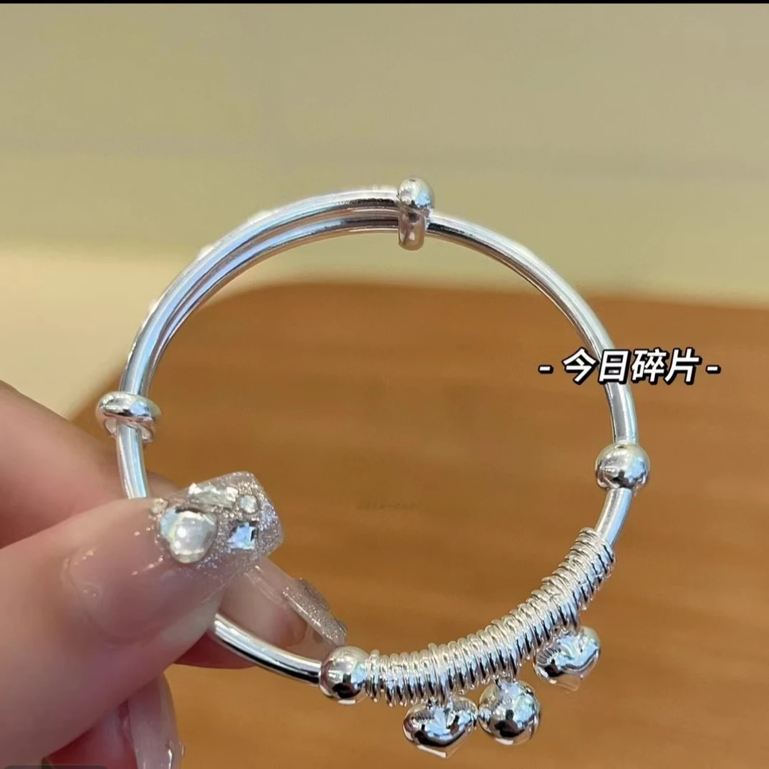 足银手镯 S80-推拉爱心手镯爱心铃铛实心可爱时尚送闺蜜可调节