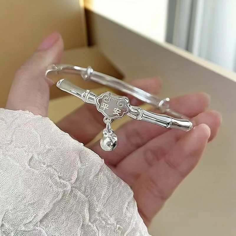 足银手镯 S4-平安竹节铃铛手镯推拉实心简约百搭时尚可爱气质
