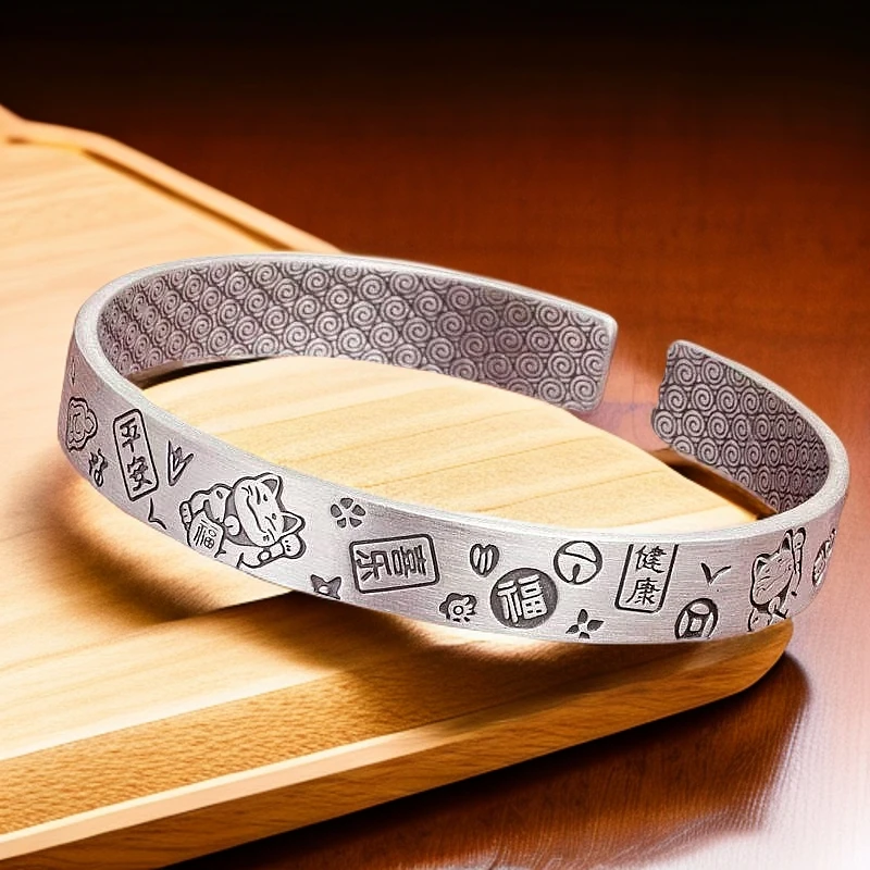 足银手镯 S22-古法吉言招财猫手镯平安喜乐开口复古宽版男女款