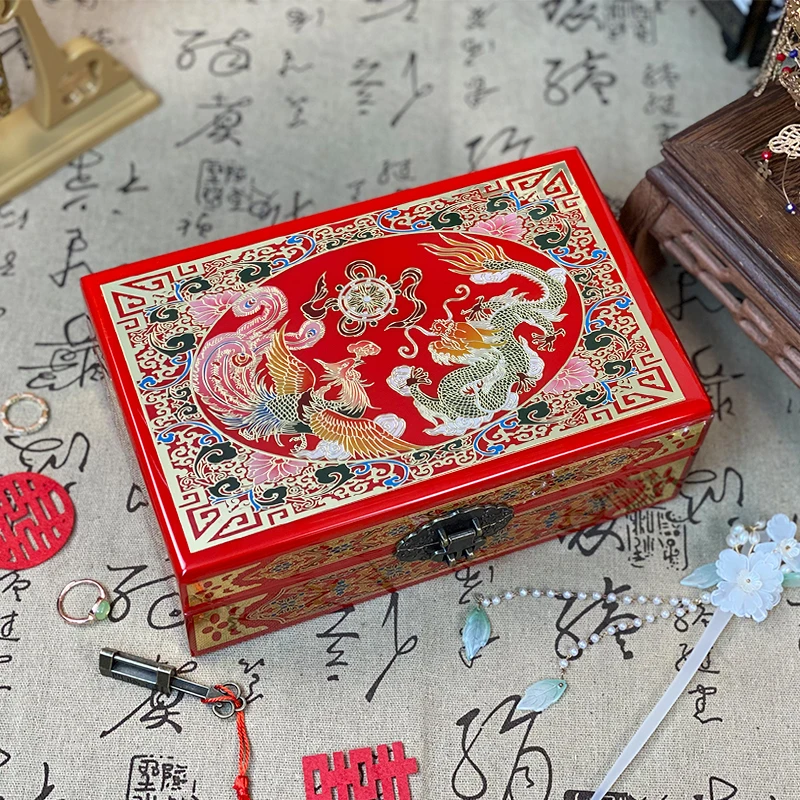 [龙凤呈祥·高定款]23.5#高档钢琴漆铜丝彩绘镶嵌漆器首饰礼盒收纳