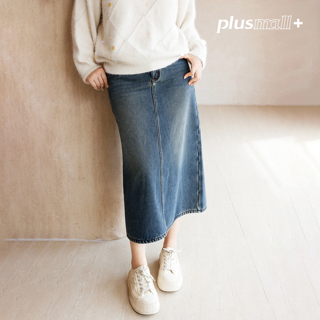 【折扣款】PLUSMALL 暖绒牛仔裙 加绒牛仔水洗复古半身裙PAC2410018