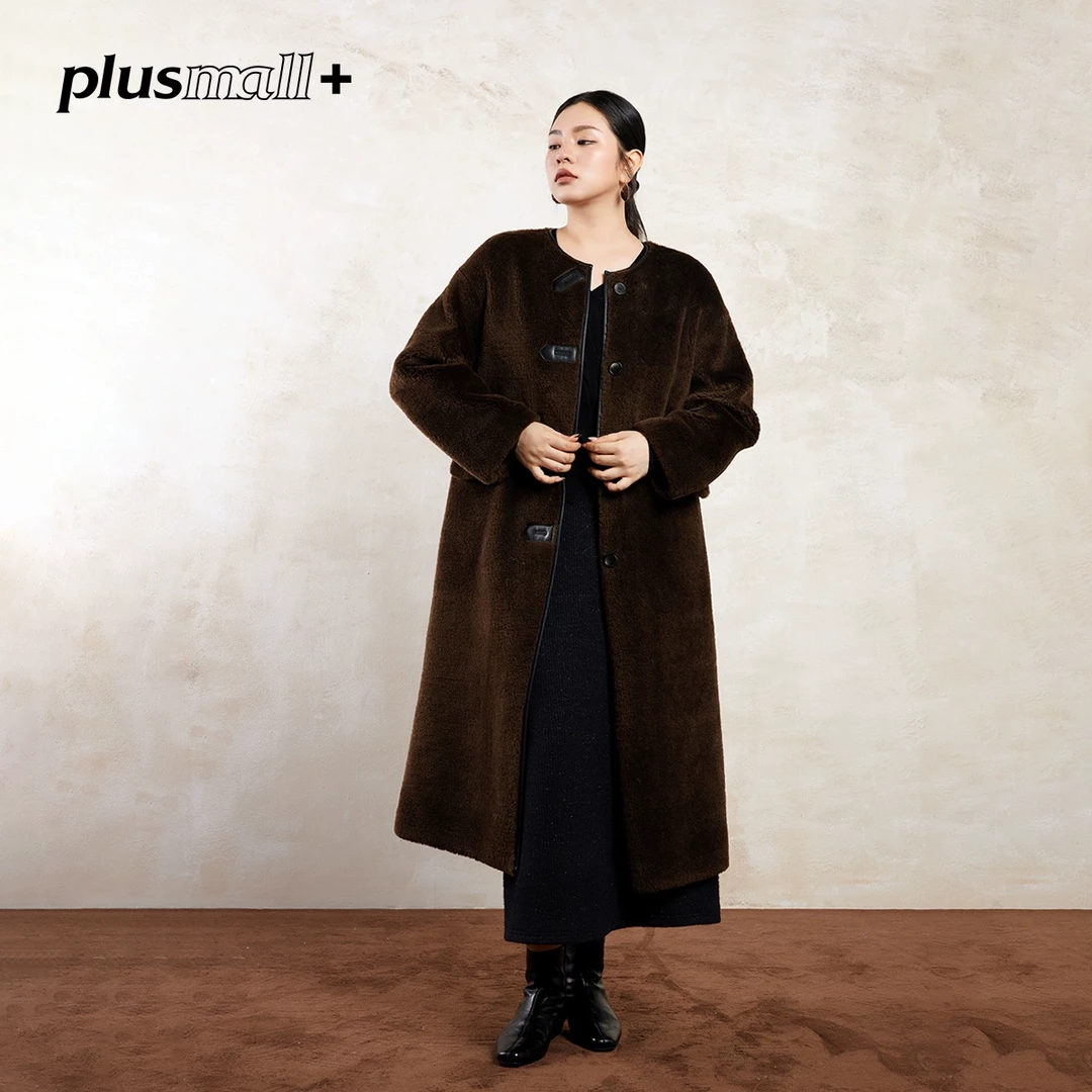 PLUSMALL 绒绒生巧 秋冬新款颗粒毛圆领长款外套女PAC2410020