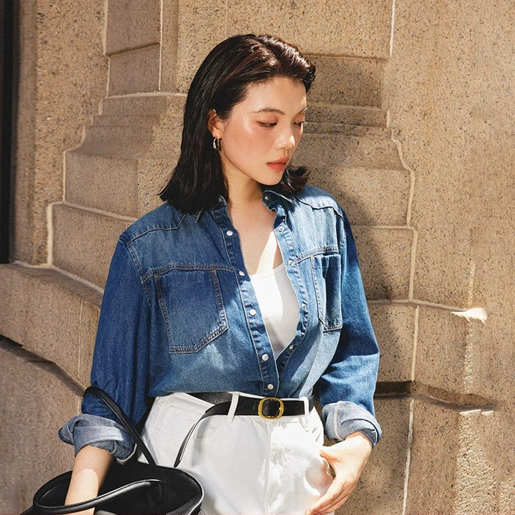 【黑标】PLUSMALL Blue Hour 精棉牛仔立裁落肩H型衬衫PLUS2407010