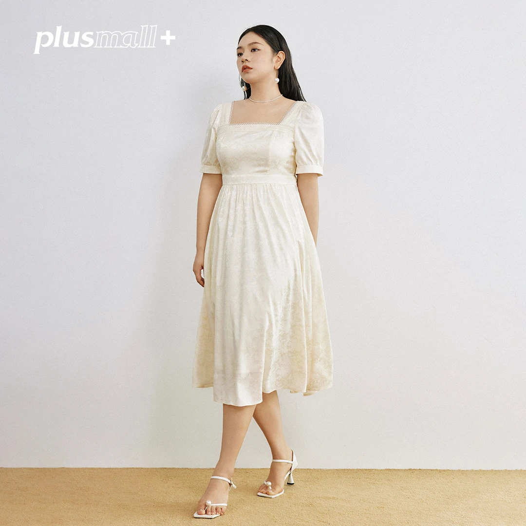 【返场】PLUSMALL 月下美人 缎面提花法式茶歇方领连衣裙PM2405032