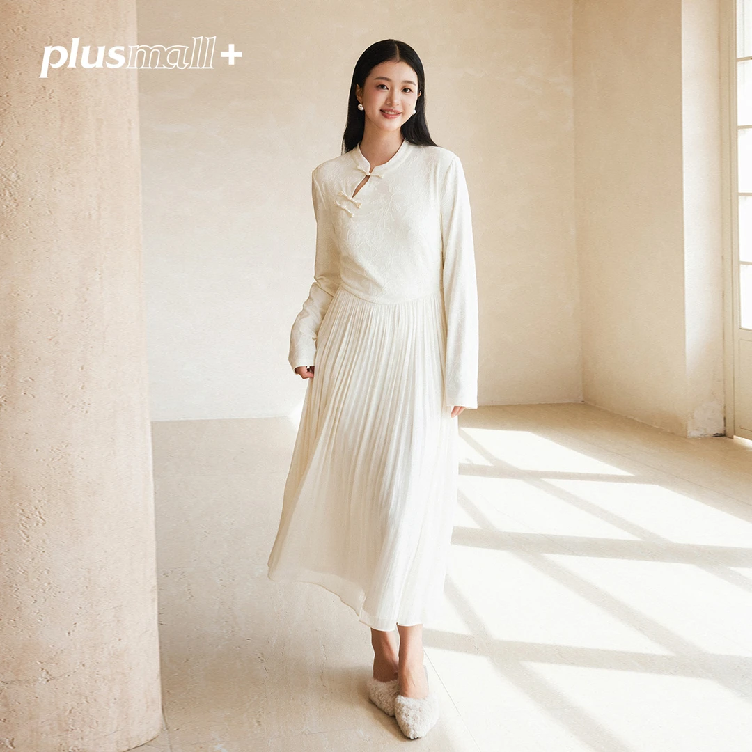 【折扣款】PLUSMALL 清栀序 针织提花拼接珠光纱连衣裙PAC2410045