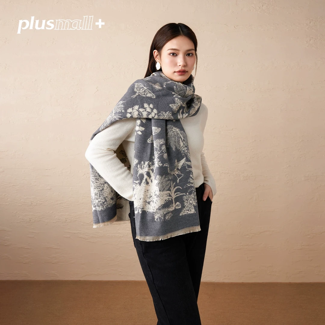 PLUSMALL 水墨森林 艺术花卉图腾柔感流苏保暖长围巾PM2411112