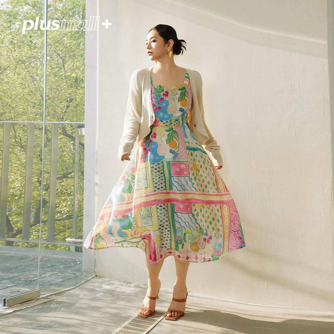 PLUSMALL 洛可可的果园 仿天丝印花艺术波普风吊带裙PM2403131