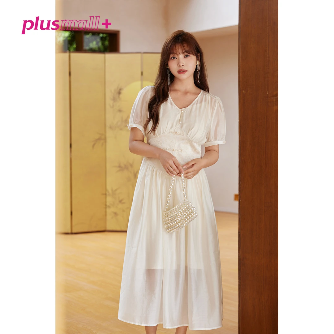 【折扣款】PLUSMALL 海棠听月色 缎面提花复古拼接连衣裙PM23051490