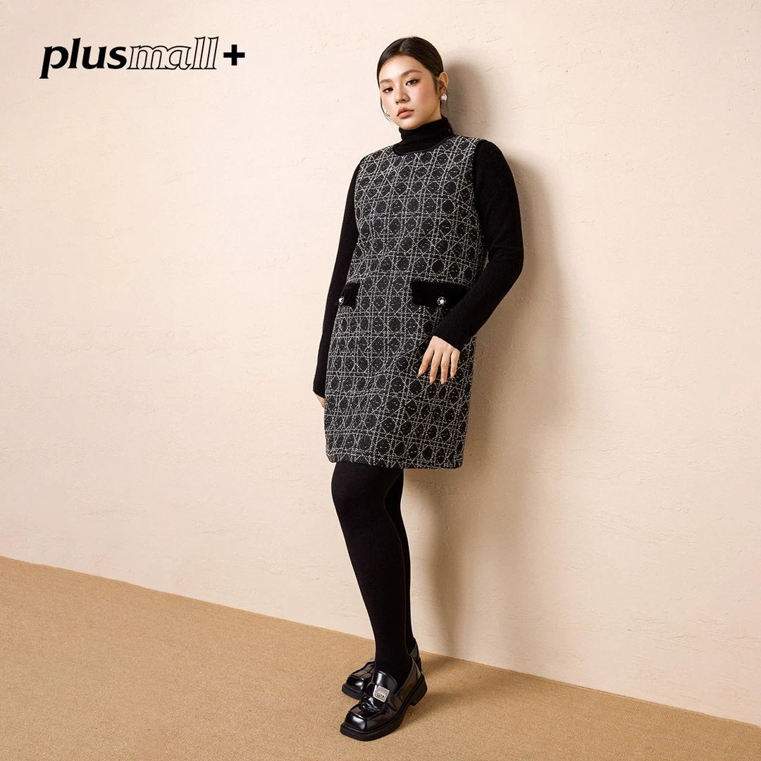 【折扣款】PLUSMALL香榭晚宴丝绒提花肌理小香圆领背心裙PAC2411012