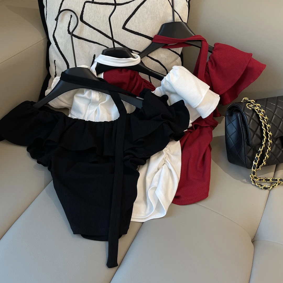 【FF-】夏季新款时尚百搭显瘦荷叶边一字肩上衣女