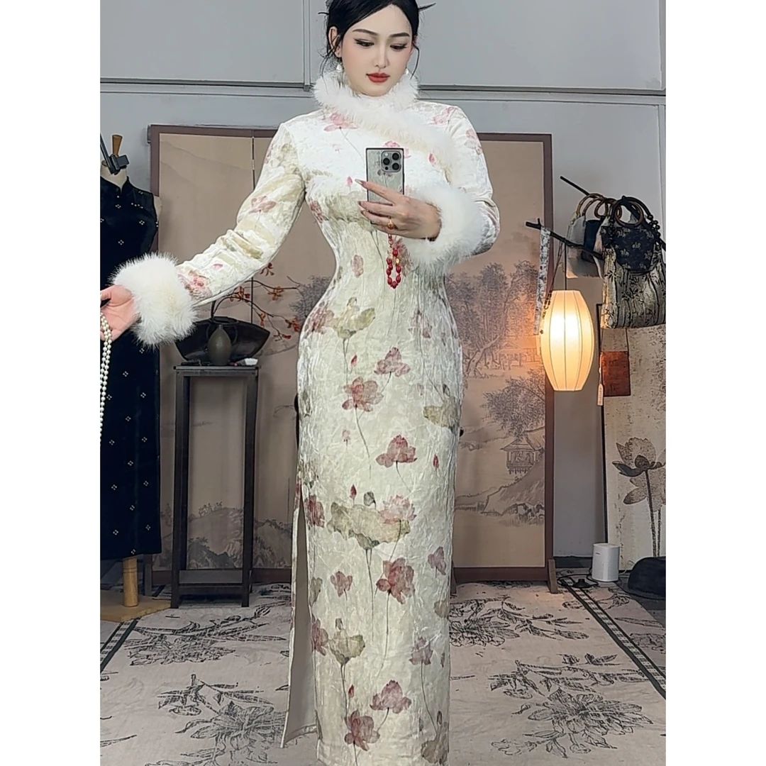 【白秀珠】肆意长袖浅色气质新中式设计秋冬加厚显瘦修身冬季旗袍