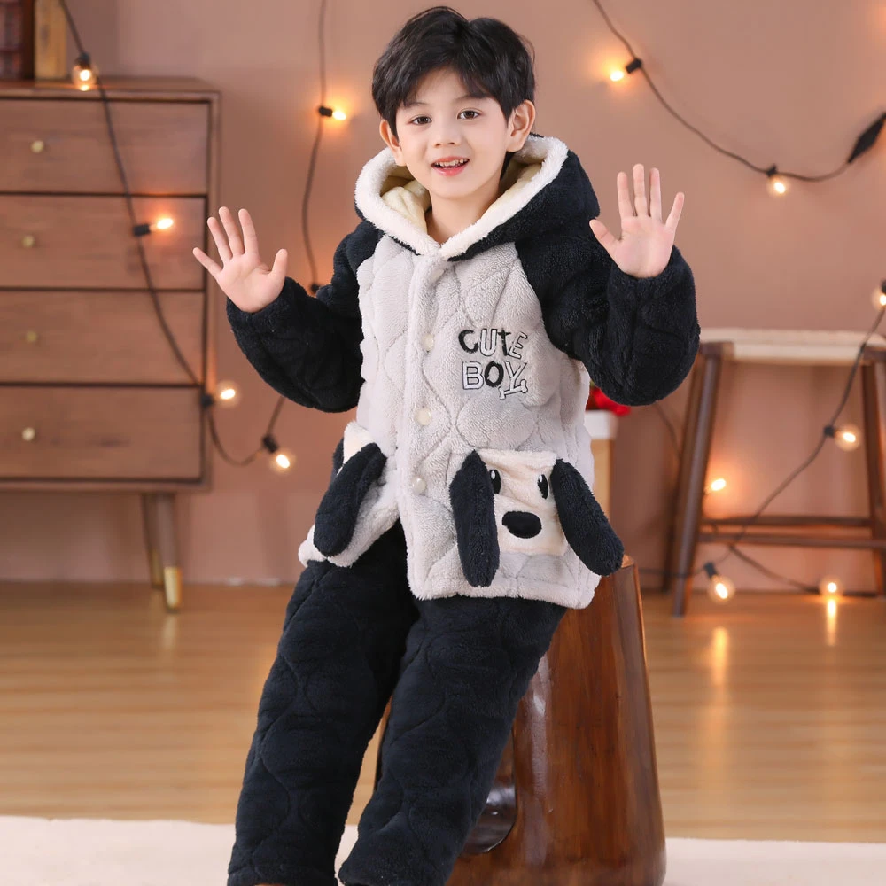 壕新小狗中长款儿童睡衣冬加厚男孩女宝带帽米粒绒三层夹棉套装