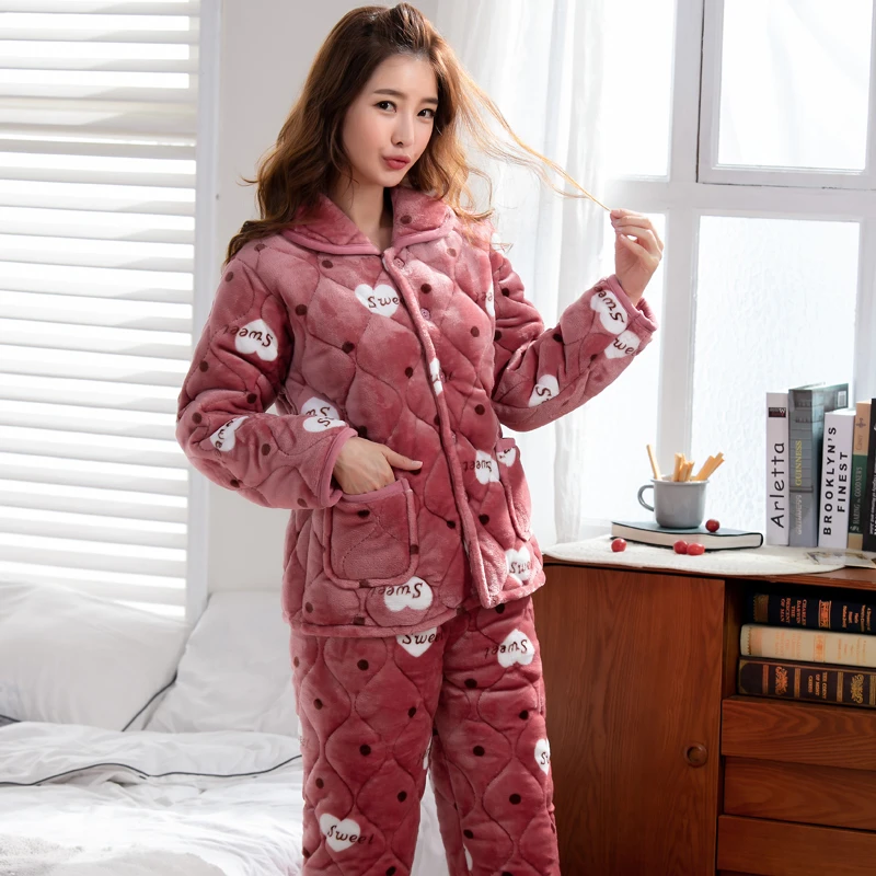睡衣女冬保暖珊瑚绒三层夹棉加绒加厚冬天可外穿睡袄棉外套家居服