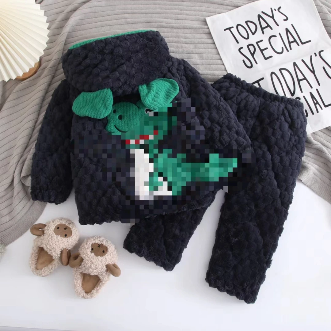 恐龙中长款儿童保暖冬加厚男孩宝宝冬睡衣带帽三层夹棉套装加绒