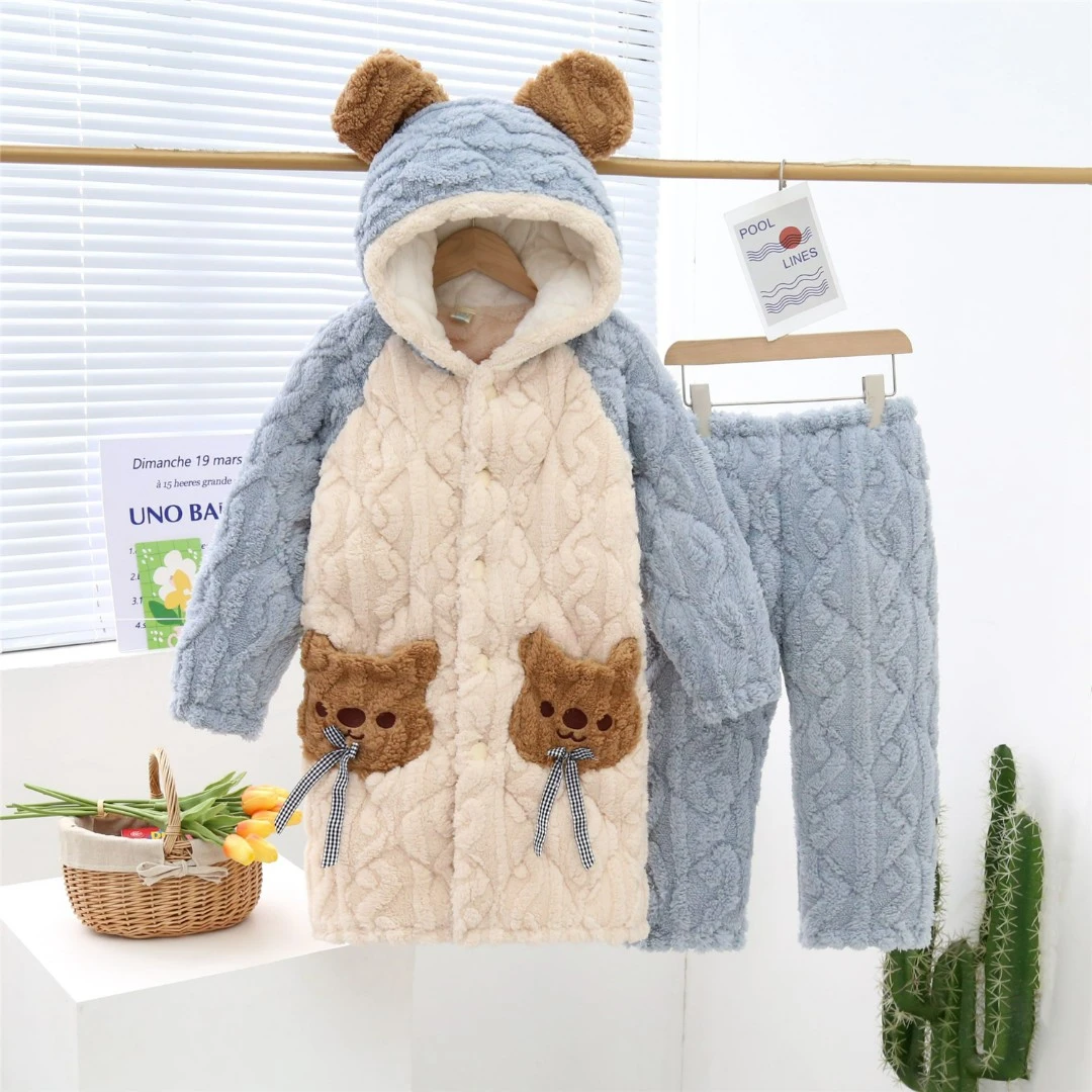 新提花拼色小熊儿童睡袍冬加厚男女宝带帽提花米粒绒三层夹棉套装