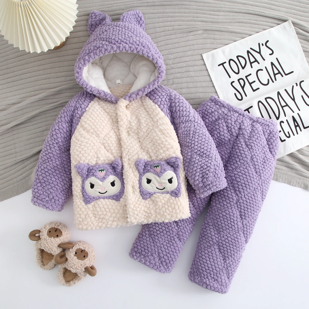 女童玫瑰绒三层夹棉套装家居服加绒加厚保暖冬季款带帽宝宝中大童