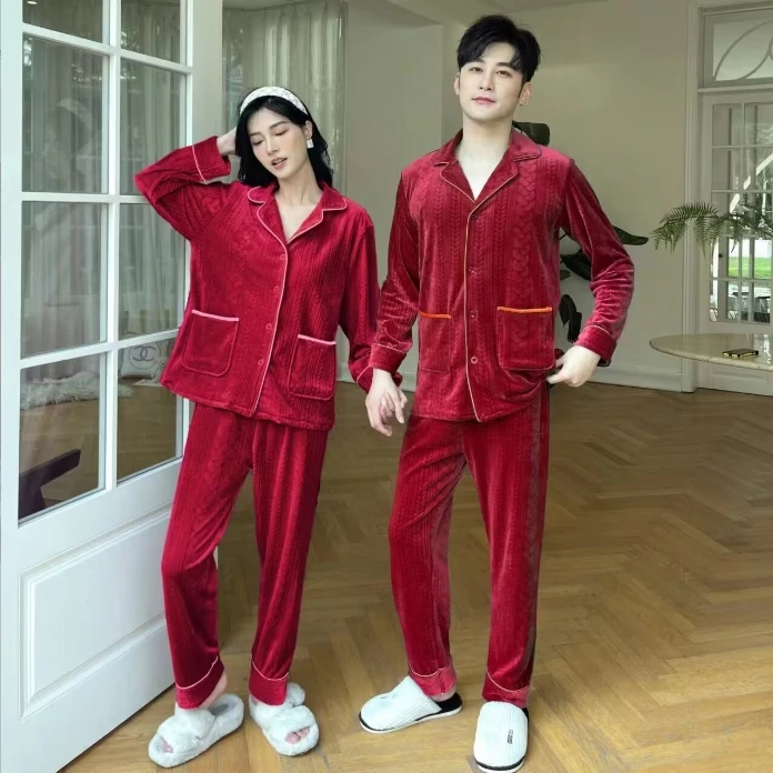 秋冬款长袖双面海岛绒情侣高档睡衣麦穗提花款休闲套装家居服