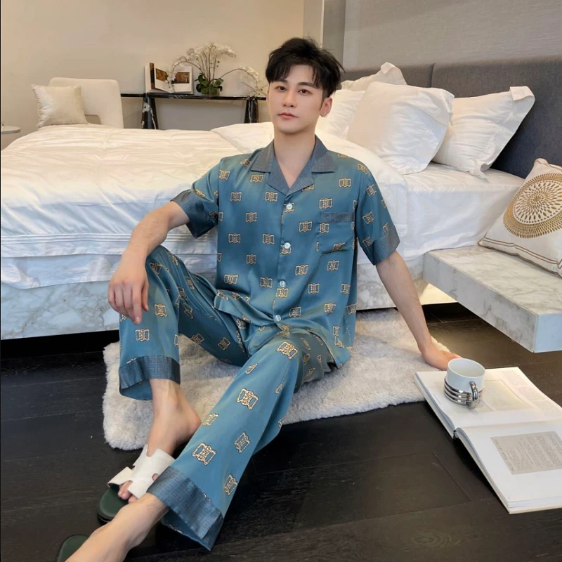 男款冰雪丝双D字母印花休闲家居服套装薄款睡衣夏天夏季男士春秋