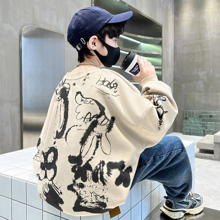 男童童装秋装2024新款男童时尚炸街印花卫衣儿童上衣中大童打底衫