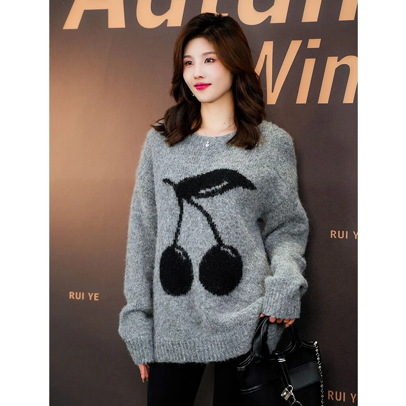 JY3ZZD103213秋冬新款时尚樱桃男女同款百搭套头毛衣长袖针织衫