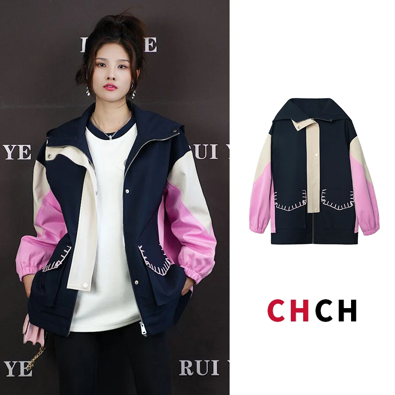 JY3WTQ83062秋季新款撞色拼接时尚绣花字母A百搭风衣外套女