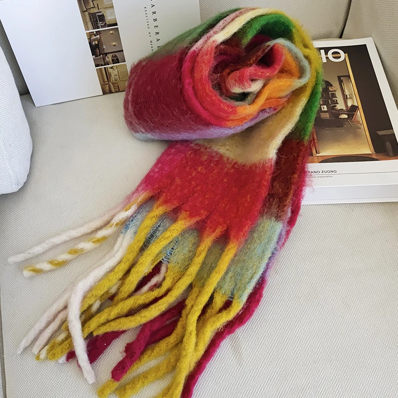 JYWJ1509秋冬新款时尚百搭棉花糖粗流苏格子长款加厚彩色围巾女