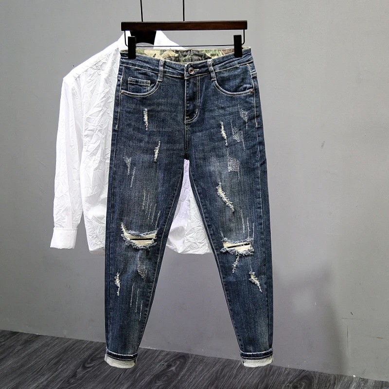 破洞牛仔裤男九分秋冬韩版修身小脚2025新款水洗深蓝色百搭长裤子