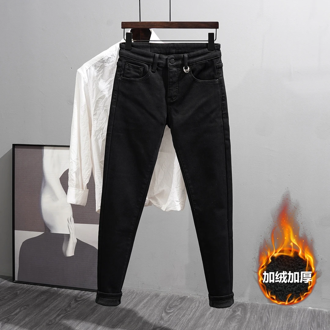 黑色牛仔裤男款九分冬季新款加绒加厚简约百搭修身小脚保暖长裤子