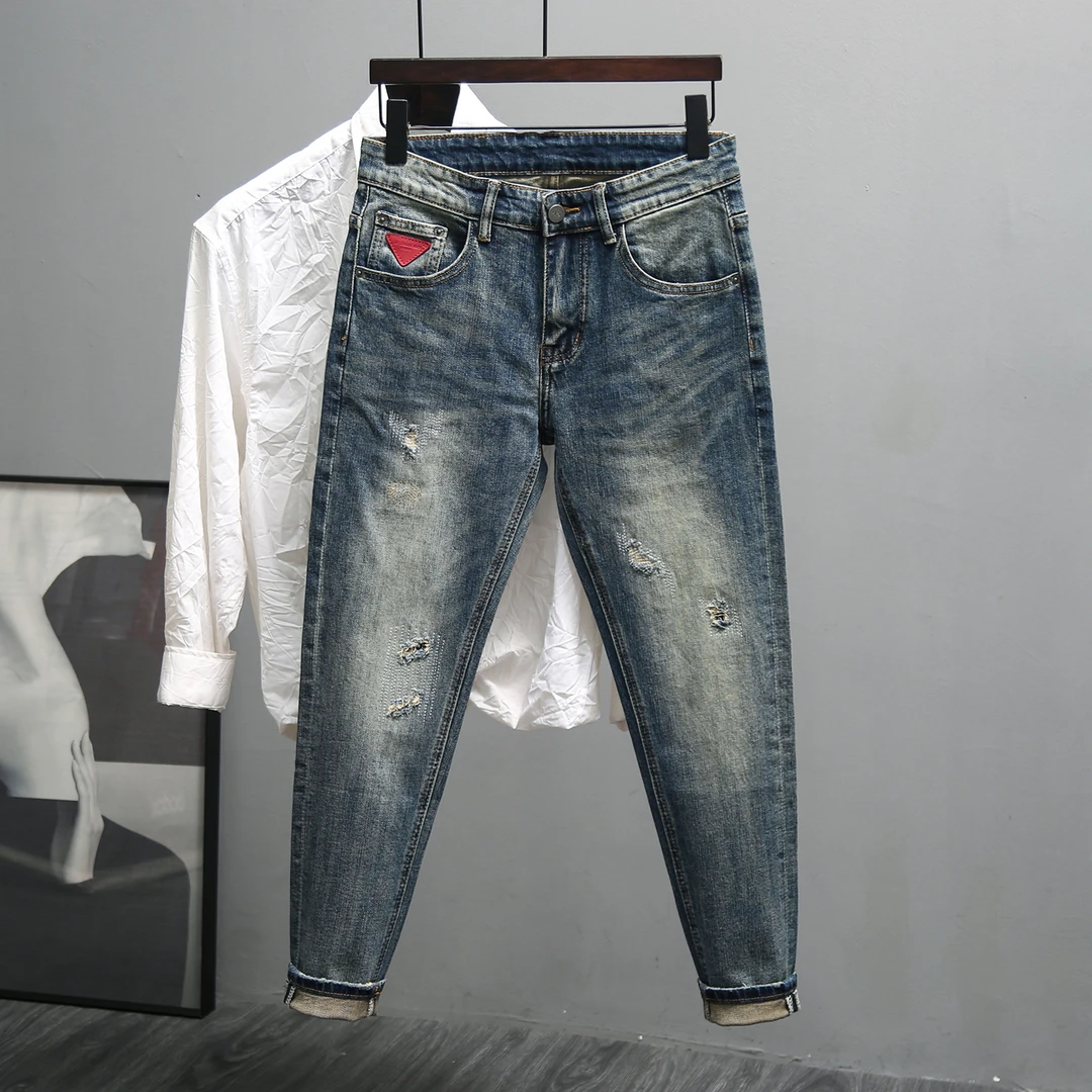 经典复古蓝色牛仔裤男2024新款韩版潮流修身小直筒破洞针缝九分裤