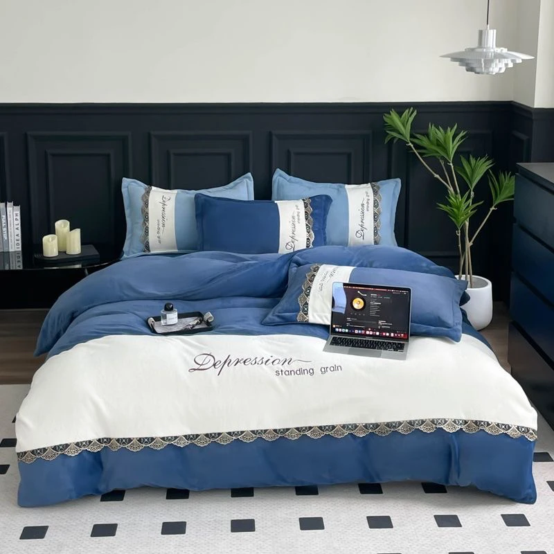 蕾丝刺绣抗静电绒面料四件套