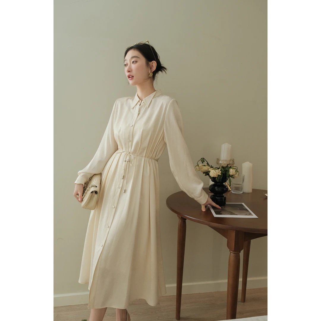 现货闪发 清平调雅韵连衣裙|85醋酸*暗纹提花轻奢系带衬衫裙L1172