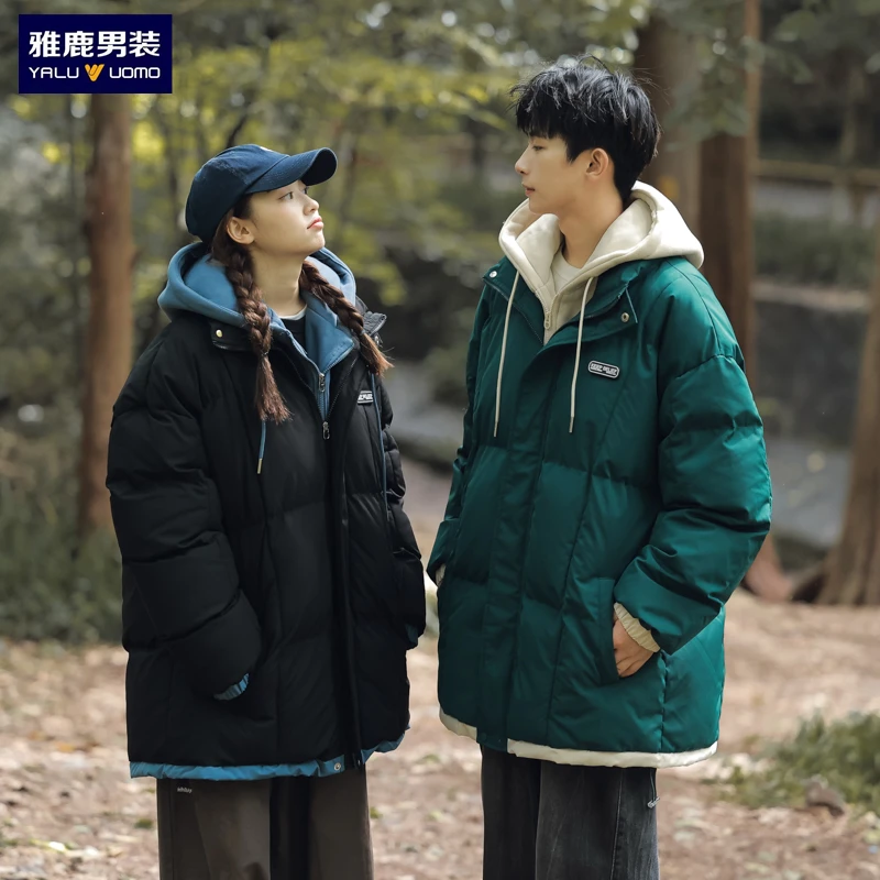 雅鹿男装棉服男女冬季新款加厚假两件连帽港风潮牌情侣棉衣外套