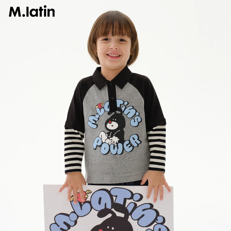马拉丁童装儿童T恤25春装男童小童趣味插肩袖假两件POLO长袖T恤