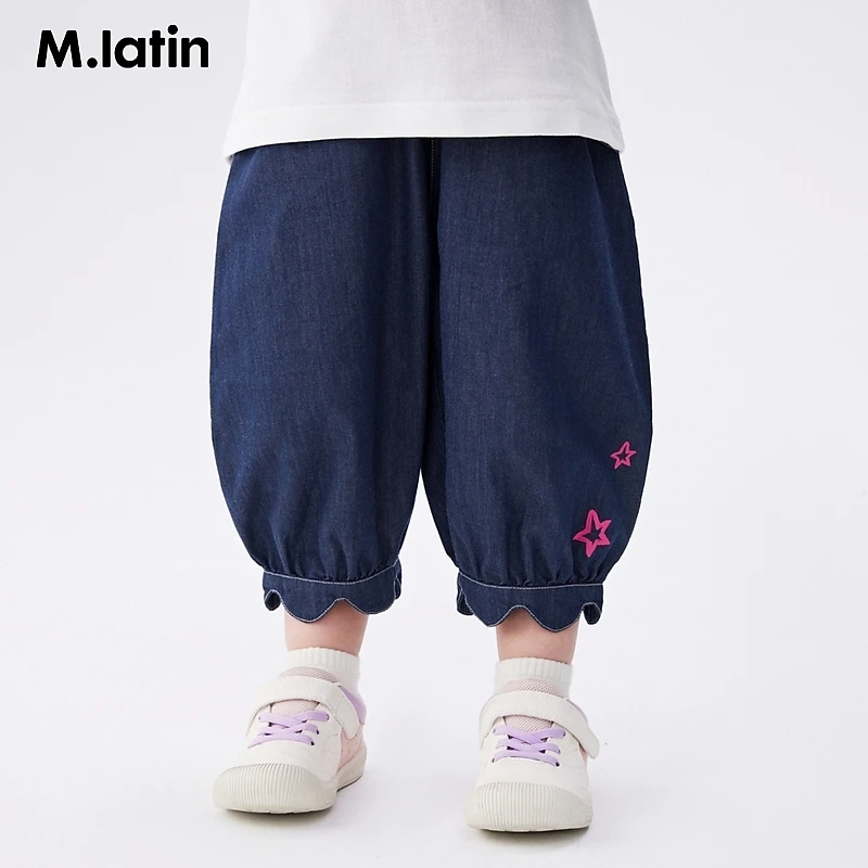 Z1爱吃苹果的小精灵马拉丁童装裤子夏款女童花瓣脚口牛仔长裤