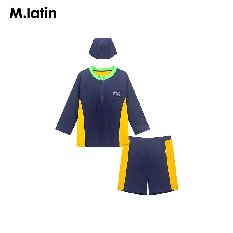 Z1马拉丁童装儿童2024年夏新款分体长袖拼色大童男童拉链设计泳衣