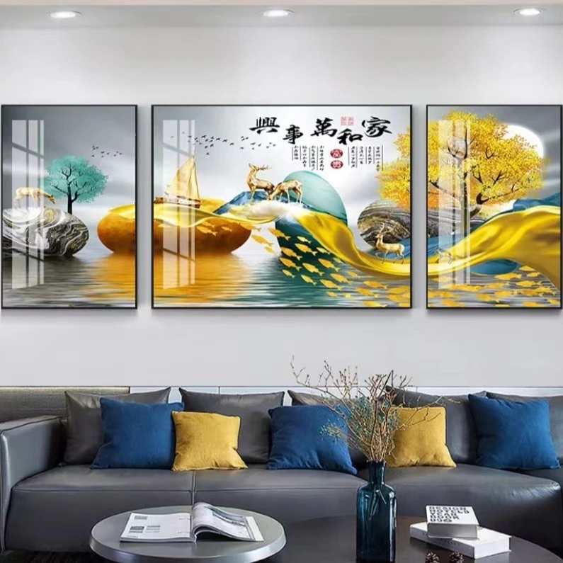 沙发背景三联画《家和万事兴》【多款画面选择】镶钻晶瓷装饰画