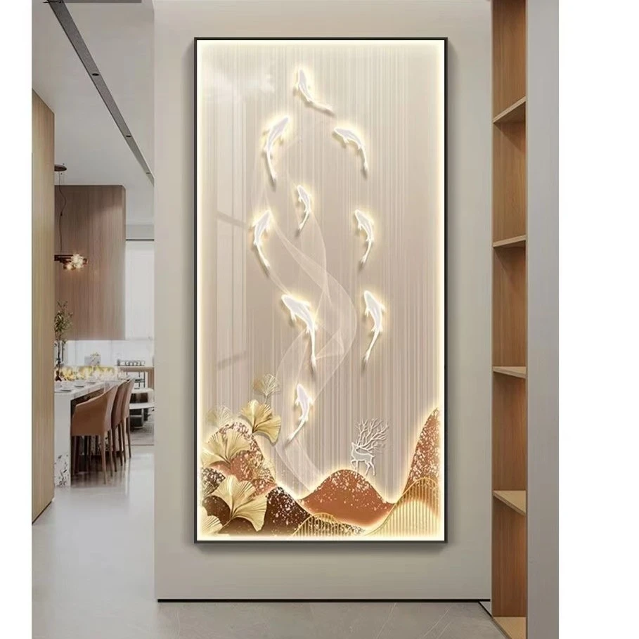新款-轻奢带灯玄关画《星空九鱼》【多款画面】简约镶钻晶瓷装饰画
